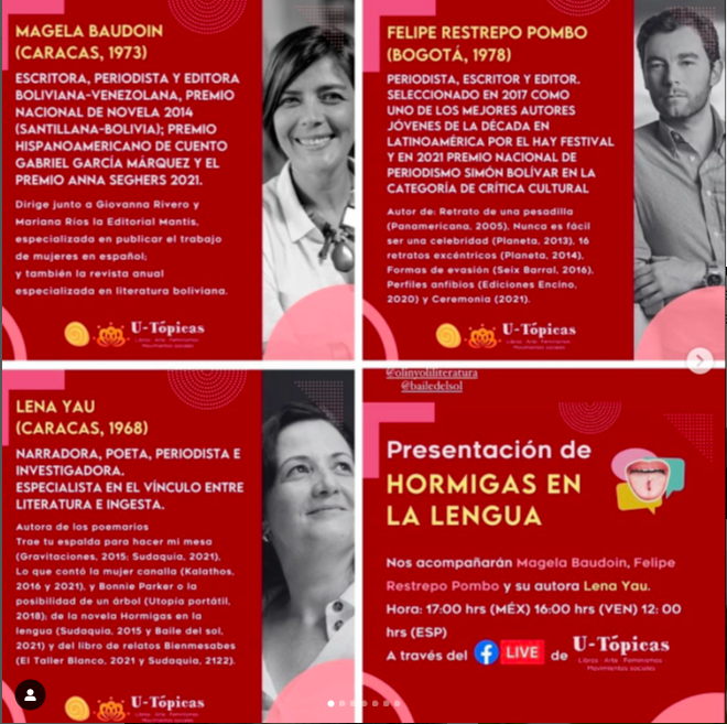 Lee más sobre el artículo Presentación Hormigas en la lengua con Magela Baudoin y Felipe Restrepo Pombo en U-tópicas, CDMX